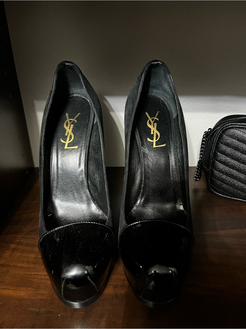 Saint Laurent Black Patent Cap-Toe Platform Pumps with Gold YSL Insole